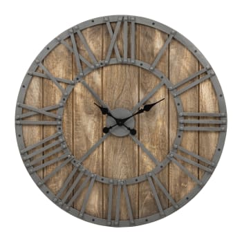 Reloj de pared redondo, Ø 76 x 5 cm, color gris/roble, hierro