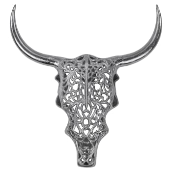 Scultura testa di toro parete in alluminio argento 57x53cm