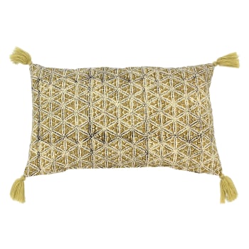 Noida - Coussin en coton jaune avec pompons 30x50cm