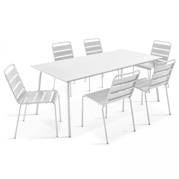 Palavas - Table de jardin et 6 chaises en métal blanc