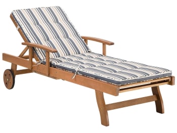 Java - Chaise longue en bois naturel et coussin rayé bleu beige