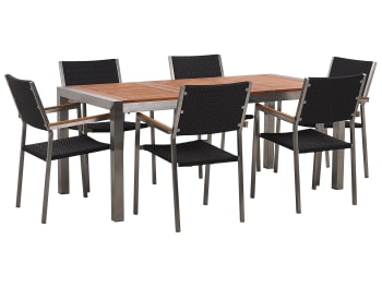 Grosseto - Set de jardin avec table en bois et 6 chaises en rotin noires