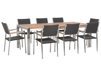 Grosseto - Ensemble de jardin table en bois et acier et 8 chaises en rotin noir
