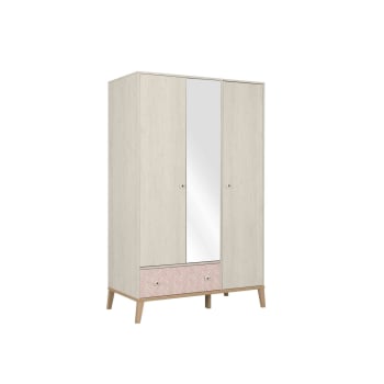 Armoire 3 portes 1 tiroir en bois imitation chêne blanchi