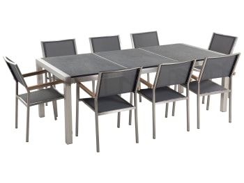 Grosseto - Table de jardin en granit et inox et 8 chaises en acier inox