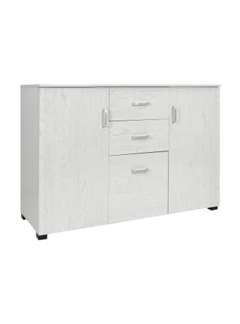 Credenza bassa con 5 cassetti in metallo e tessuto beige e bianca NORDIC