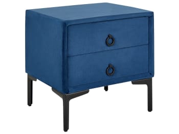 Sezanne - Table de chevet en velours bleu 2 tiroirs