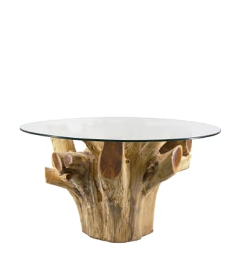 Table basse en bois de teck beige et verre Ø 80 cm