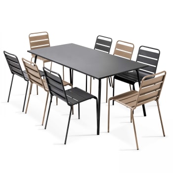 Palavas - Ensemble table de jardin et 8 chaises en métal gris et taupe