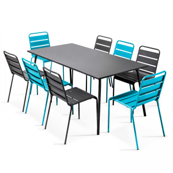 Palavas - Ensemble table de jardin et 8 chaises en métal gris et bleu