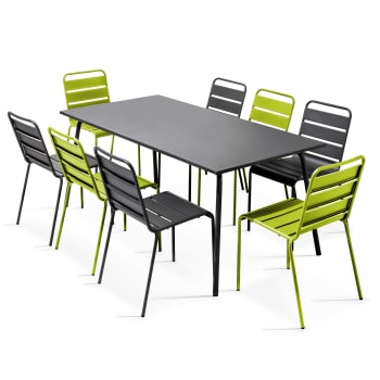Palavas - Ensemble table de jardin et 8 chaises en métal gris et vert