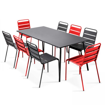 Palavas - Ensemble table de jardin et 8 chaises en métal gris et rouge