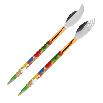 SBOMHS Set di 2 cucchiai da insalata e forchetta da insalata arcobaleno, in acciaio inox, lunghezza 30,5 cm