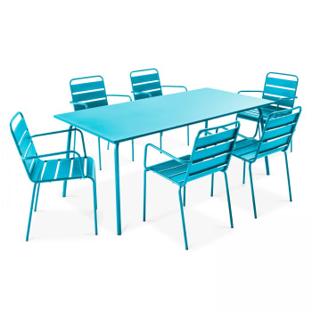 Palavas - Ensemble table de jardin et 6 fauteuils en métal bleu