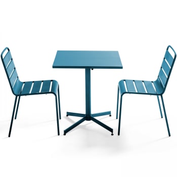 Palavas - Ensemble table de jardin carrée et 2 chaises métal bleu pacific