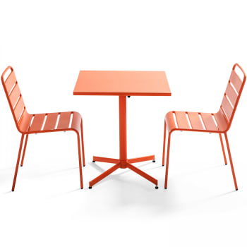 Palavas - Ensemble table de jardin carrée et 2 chaises métal orange