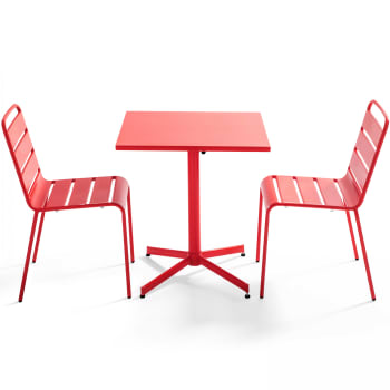 Palavas - Ensemble table de jardin carrée et 2 chaises métal rouge