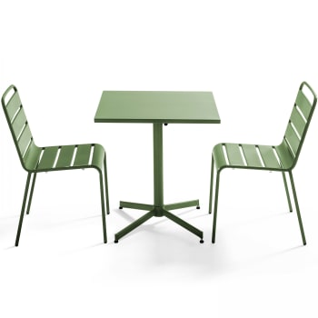 Palavas - Ensemble table de jardin carrée et 2 chaises métal vert cactus