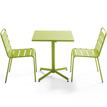 Palavas - Ensemble table de jardin carrée et 2 chaises métal vert