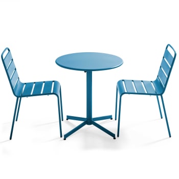 Palavas - Ensemble table de jardin ronde et 2 chaises métal bleu pacific