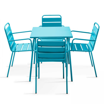 Palavas - Ensemble table de jardin carrée et 4 fauteuils acier bleu