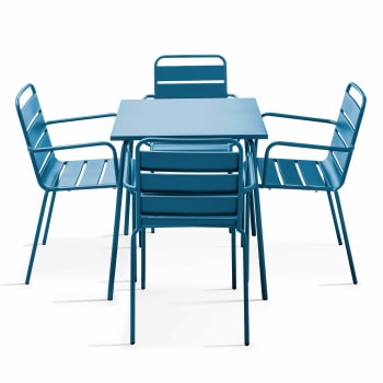 Palavas - Ensemble table de jardin carrée et 4 fauteuils acier bleu pacific