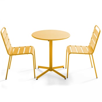 Palavas - Ensemble table de jardin ronde et 2 chaises métal jaune