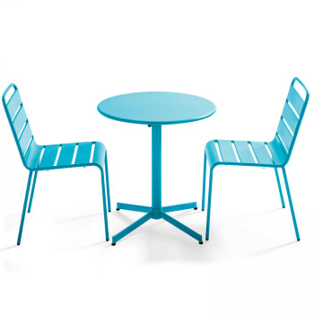 Palavas - Ensemble table de jardin ronde et 2 chaises métal bleu