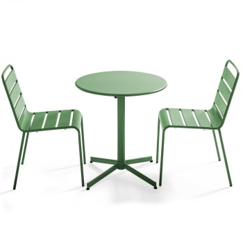 Palavas - Ensemble table de jardin ronde et 2 chaises métal vert cactus