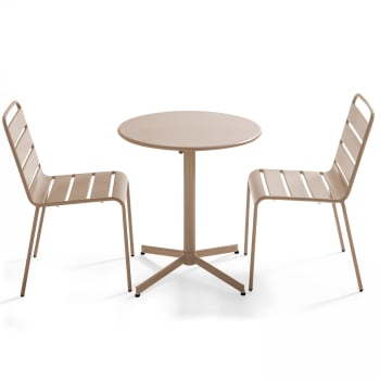 Palavas - Ensemble table de jardin ronde et 2 chaises métal taupe
