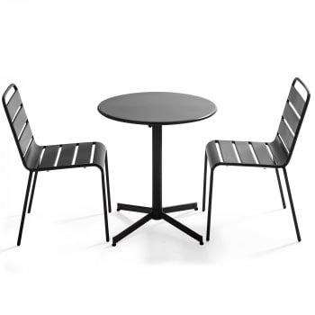 Palavas - Ensemble table de jardin ronde et 2 chaises métal gris