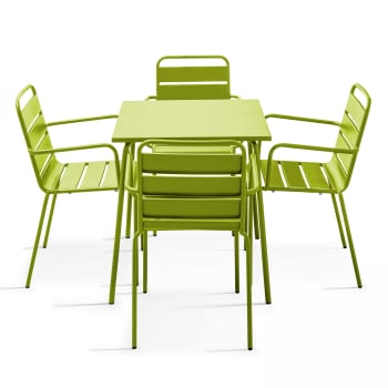 Palavas - Ensemble table de jardin carrée et 4 fauteuils acier vert