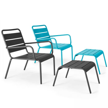 Palavas - Lot 2 fauteuils relax avec repose-pieds métal gris et bleu
