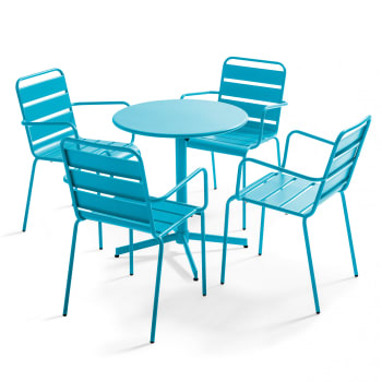 Palavas - Ensemble table de jardin et 4 fauteuils métal bleu