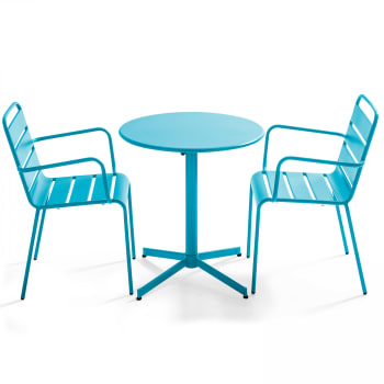 Palavas - Ensemble table de jardin et 2 fauteuils métal bleu