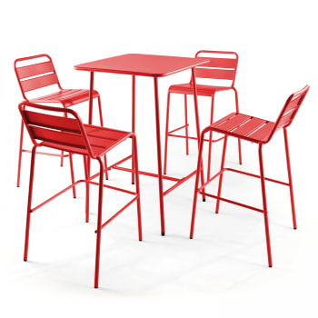 Palavas - Ensemble table de bar et 4 chaises hautes en métal rouge