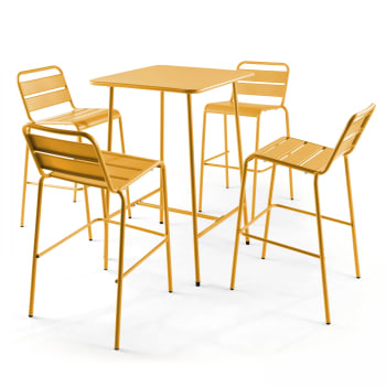 Palavas - Ensemble table de bar et 4 chaises hautes en métal jaune