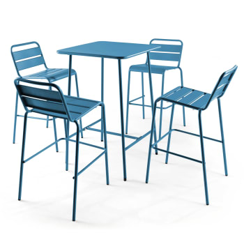 Palavas - Ensemble table de bar et 4 chaises hautes en métal bleu pacific