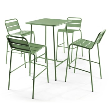 Palavas - Ensemble table de bar et 4 chaises hautes en métal vert cactus