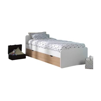 Spike - Pack lit gigogne avec 2 matelas bois massif blanc et bois 90x190 cm