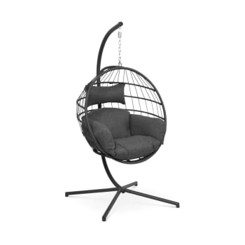 Fauteuil suspendu en corde noire, coussin gris