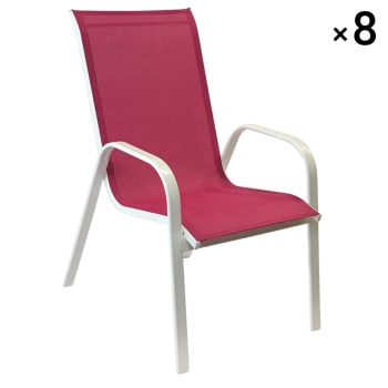 Marbella - Lot de 8 chaises en textilène rose et aluminium blanc