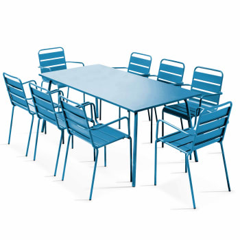 Palavas - Ensemble table de jardin et 8 fauteuils en métal bleu pacific