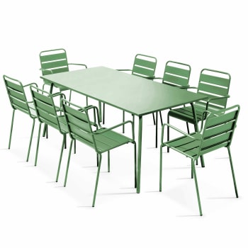Palavas - Ensemble table de jardin et 8 fauteuils en métal vert cactus