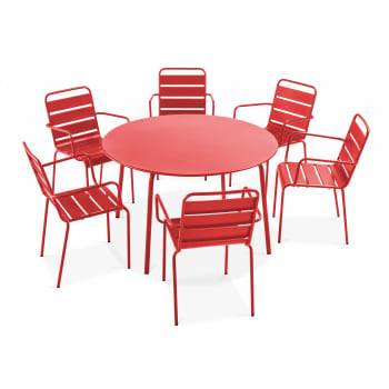 Palavas - Ensemble table de jardin ronde et 6 fauteuils acier rouge