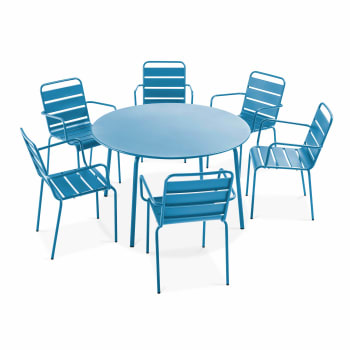 Palavas - Ensemble table de jardin ronde et 6 fauteuils acier bleu pacific