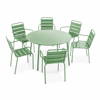 Palavas - Ensemble table de jardin ronde et 6 fauteuils acier vert cactus