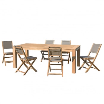 Halice - Table de jardin et chaises en teck et textilene taupe 6/8 personnes