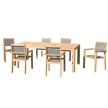 Halice - Mesa y sillas de jardín de madera de teca/textileno topo 6/8 personas