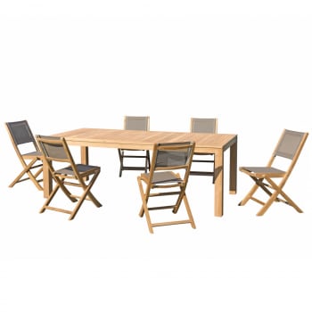 Halice - Table de jardin et chaises en teck et textilene taupe 6/8 personnes